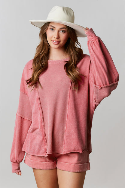 Rose Lighted Washed Waffle Knit Patchwork Sweatshirt