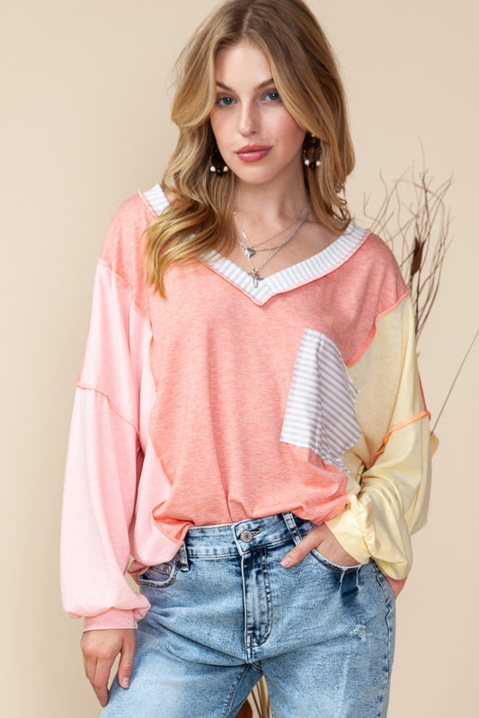 Rose Striped Color Block Splicing Long Sleeve Shirt