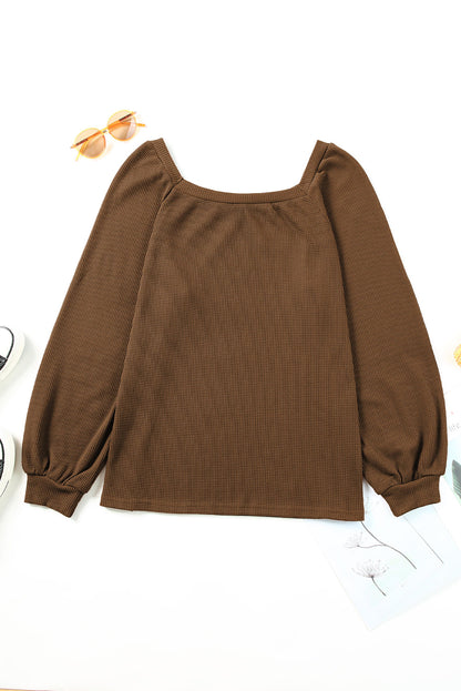 Apricot Waffle Texture Square Neck Pullover Top