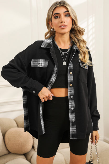 Black Plaid and Thermal Waffle Patchwork Shacket