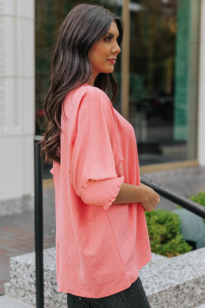 Rosy Solid Casual Smocked Cuffs Top