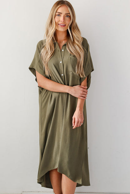 Jungle Green Loose High Low Side Slits Short Sleeve Shirt Dress