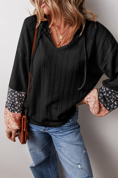 Patchwork Textured Knit Drawstring V Neck Blouse