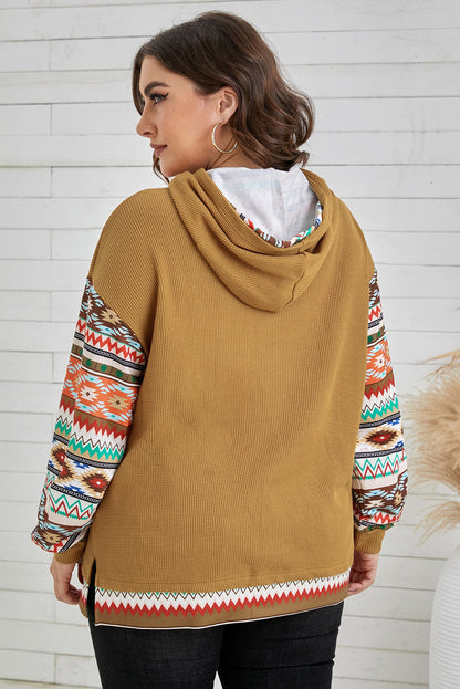 Khaki Texture Aztec Drop Sleeve Waffle Plus Size Hoodie