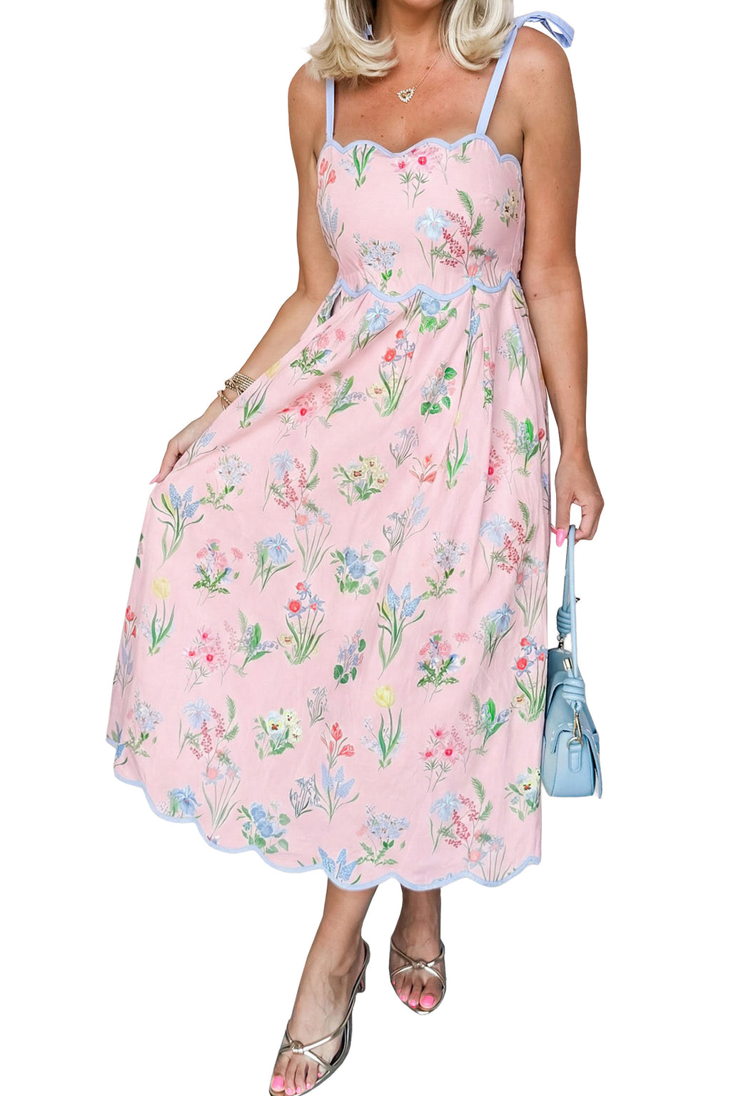 Yellow Floral Print Contrast Trim Self-tie Straps High Waist Midi Dress