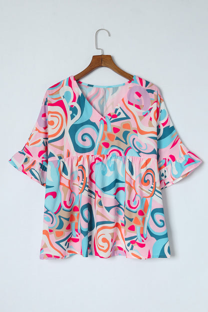 Abstract Print Ruffle V Neck Blouse