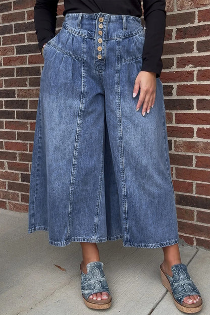 Dusk Blue High Rise Buttons Pleated Cropped Wide Leg Denim Pants