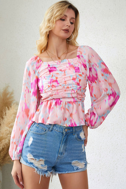 Watercolor Abstract Print Pleated Long Sleeve Blouse