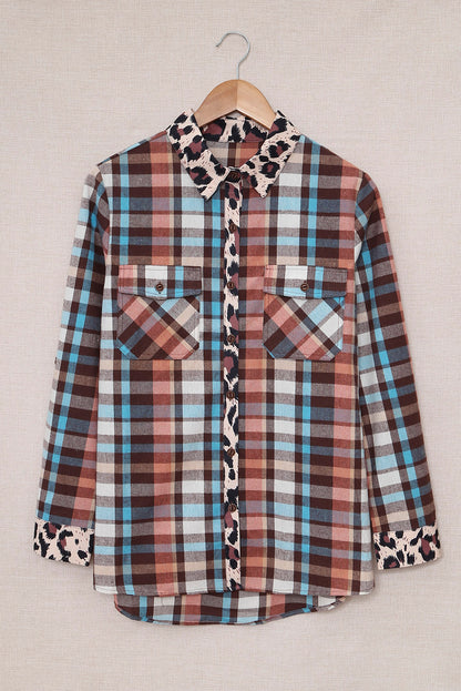 Multicolor Plaid Leopard Trim Collared Button Up Shirt