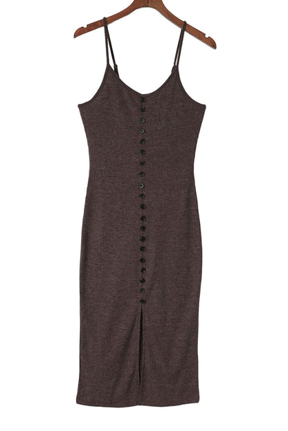 Brown Buttoned Ribbed Knit Sleeveless Midi Dress with Slit