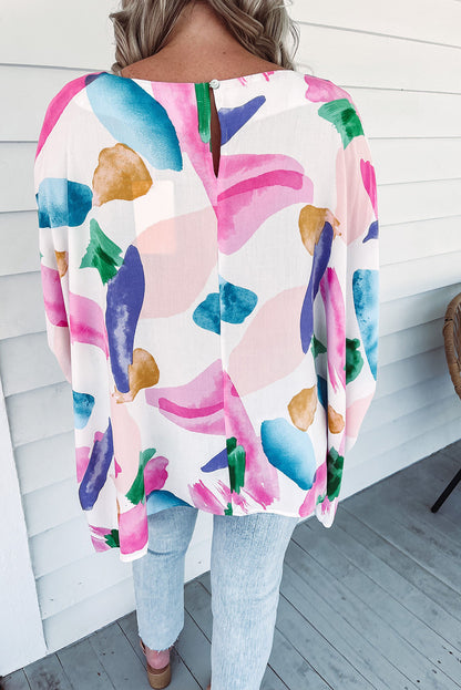 Multicolor Abstract Print Shirred Dolman Sleeve Oversized Blouse