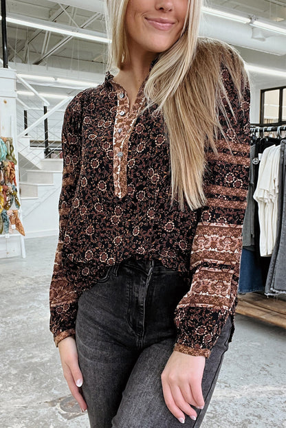 Brown Floral Print Boho Buttons Front Peasant Blouse