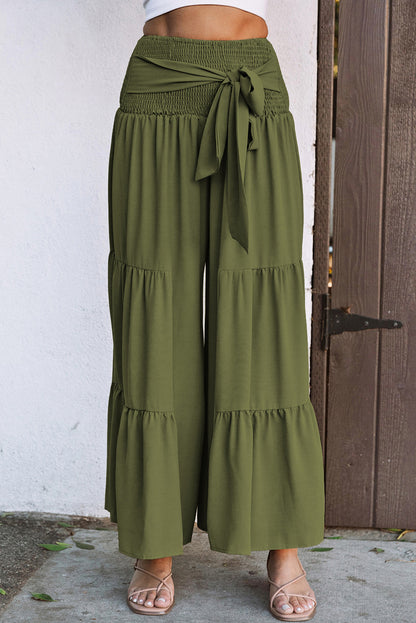 Khaki Lace Up Smocked Waist Tiered Wide Leg Pants