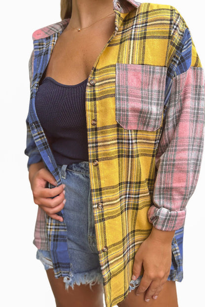 Multicolor Plaid Colorblock Raw Hem Shacket