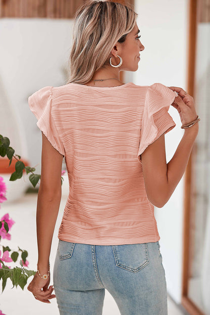 Apricot Pink Casual Plain Wavy Textured Ruffle Sleeve Blouse