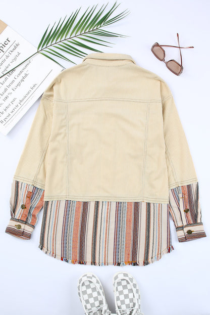 Beige Button Up Pockets Striped Color Block Corduroy Jacket