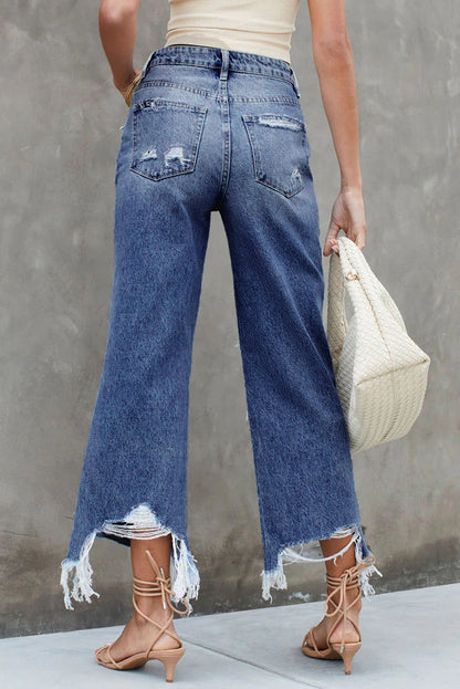 Blue Heavy Destroyed Raw Hem Wide Leg Jeans