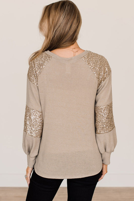 Flaxen Sequin Patched Round Neck Long Sleeve Top