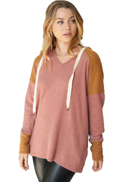 Brown Patchwork Casual Drawstring Tunic Hoodie