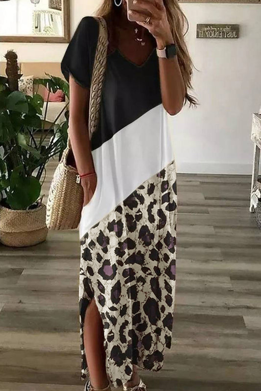 Black Leopard Color Block Side Slit T Shirt Maxi Dress