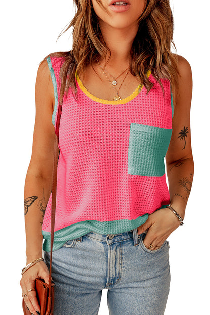 Strawberry Pink Color Block Patched Pocket Waffle Knit Tank Top