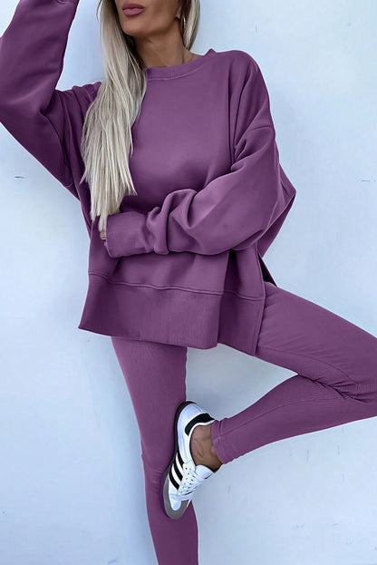 Orchid Mist Solid Color Oversized Slit Sweatshirt Ribbed Leggings Set