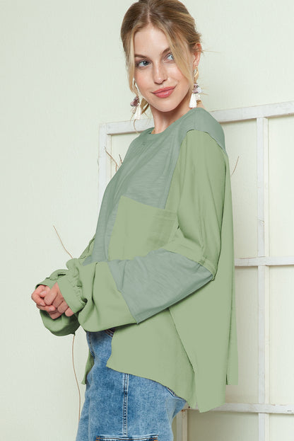 Green Splicing Long Sleeve Pocketed Oversized Top