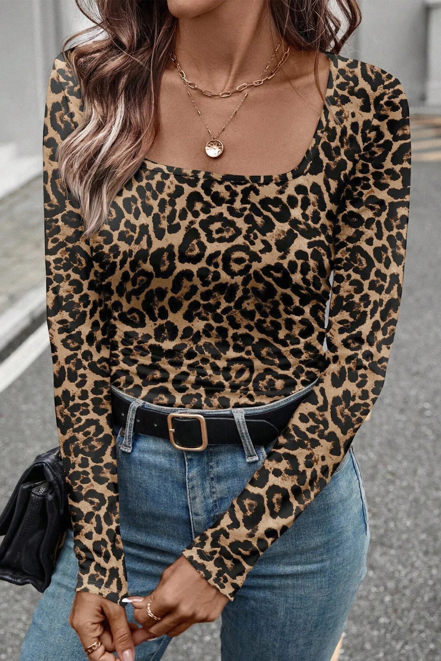 Black Leopard/Floral Print Slim Long Sleeve T Shirt