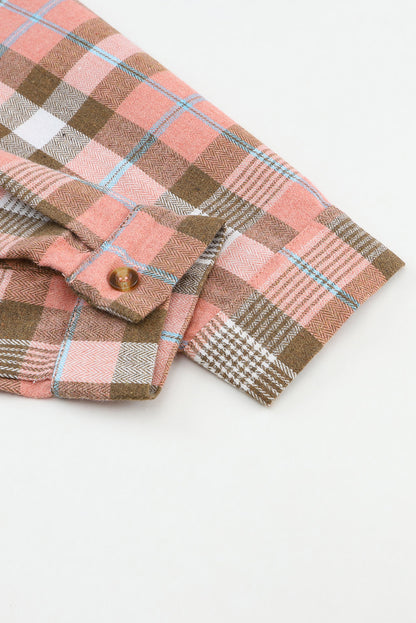 Pink Drop Shoulder Rounded Hem Plaid Pattern Shirt