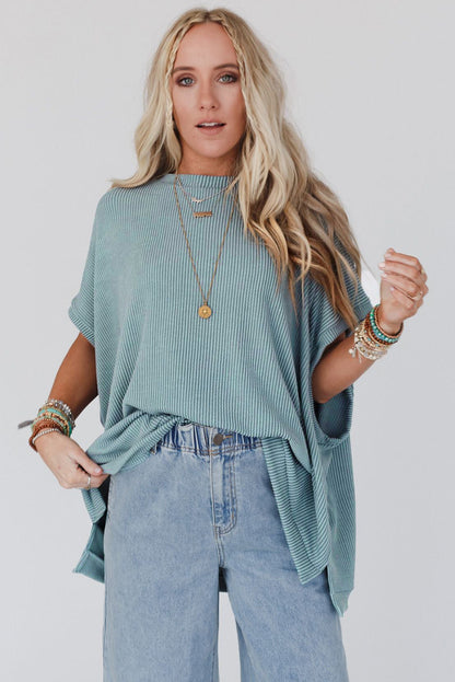 Sky Blue Plain Ribbed Knit Batwing Sleeve Tunic Oversized T Shirt