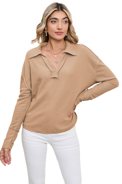 Gray V Neck Collared  Retro Waffle Long Sleeve Top