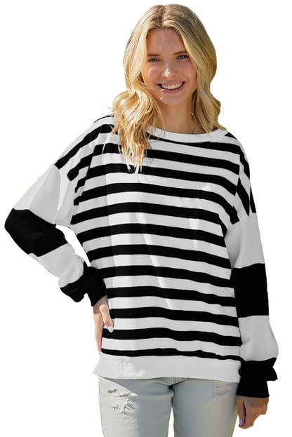 Blue Striped Casual Drop Shoulder Pullover Sweatshirt