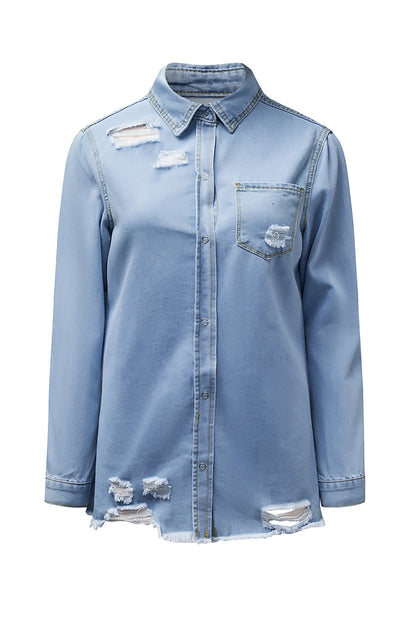 Light Blue Ripped Raw Hem Casual Button Up Denim Jacket