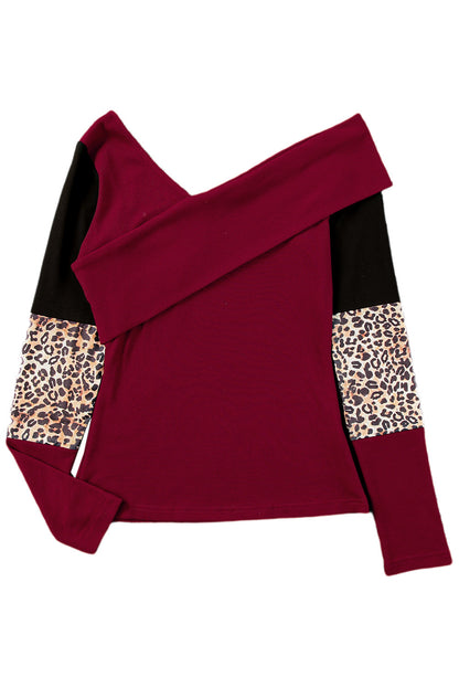 Red Leopard Color Block Casual Ribbed Cross Wrap Shoulder Top