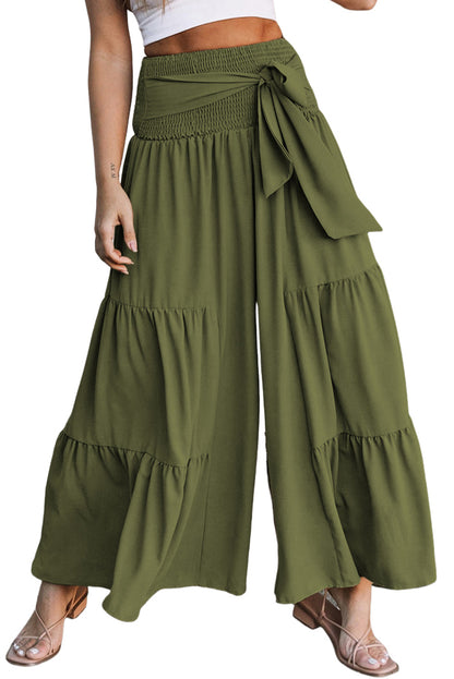 Khaki Lace Up Smocked Waist Tiered Wide Leg Pants