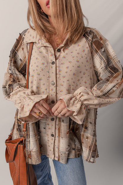 Oatmeal Boho Floral Plaid Patchwork Waffle Knit Distressed Jacket