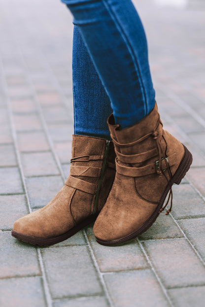 Black Faux Suede Zip Up Buckle Straps Ankle Boots