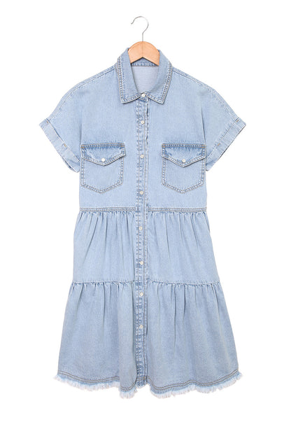 Gray Button Up Short Sleeve Denim Shirt Dress