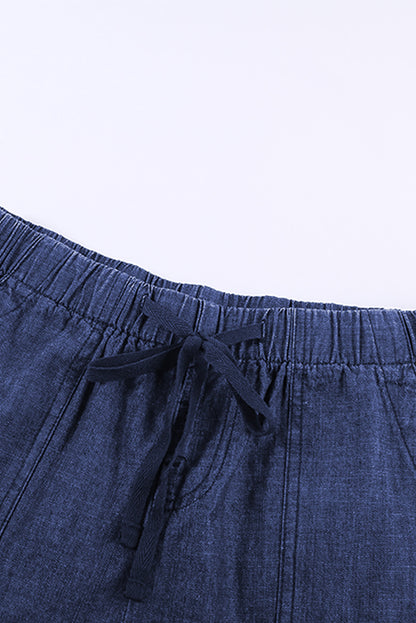 Dark Blue Casual  Frayed Pocketed Denim Shorts