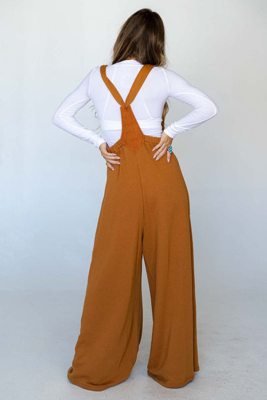 Brown Patch Pocket Knot Strap Wide Leg Overall