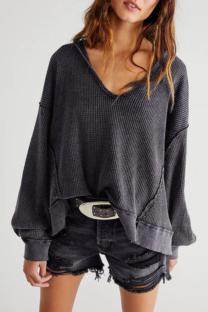 Grey Textured Exposed Seam Pullover Sweatshirt for Women