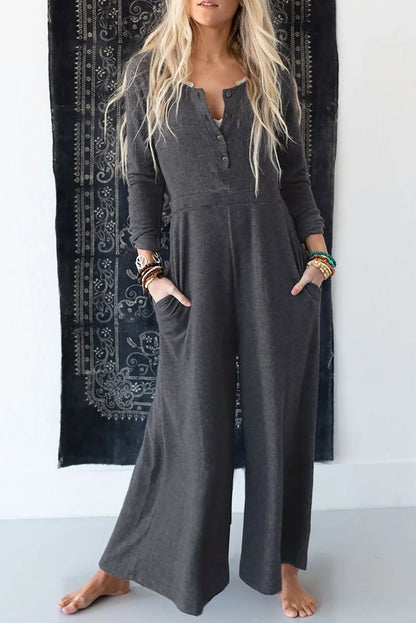 Grey Henley Long Sleeve Wide Leg Jumpsuit with Pockets