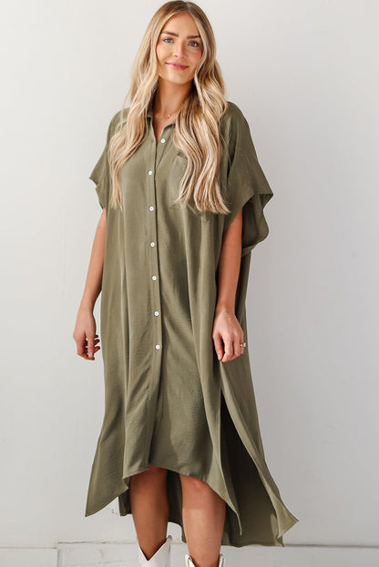 Jungle Green Loose High Low Side Slits Short Sleeve Shirt Dress