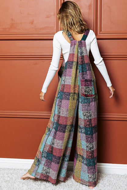 Multicolor Brushed Checked Pockets Pleated Wide Leg Overall