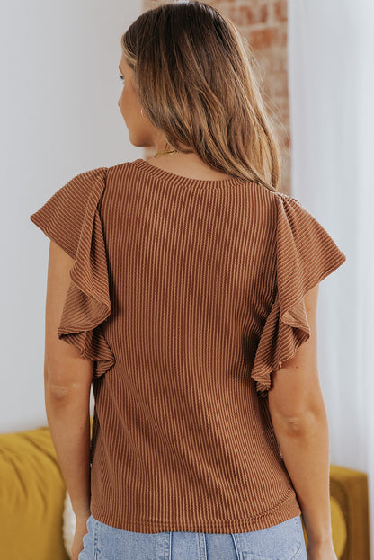 Brown Textured Butterfly Sleeve Summer Top for Women