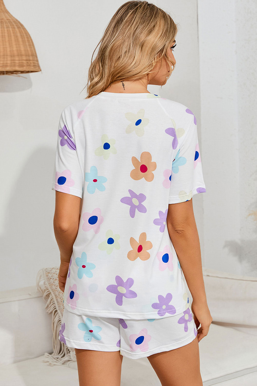 White Flower Print Short Sleeve High Waist Two Piece Shorts Set