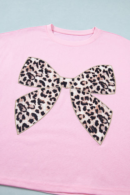 Black Leopard Bow Embroidered Cotton Round Neck T Shirt