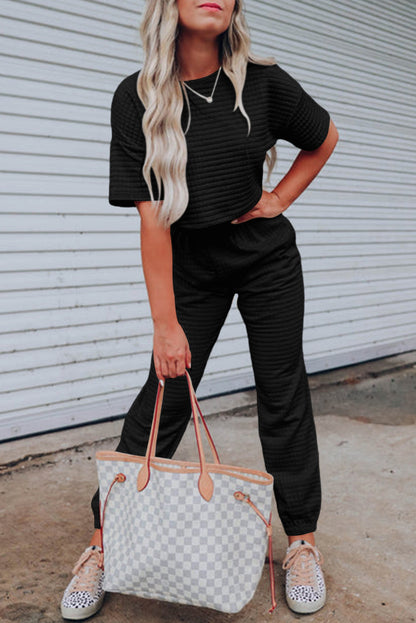 Rose Red Textured Cropped Tee and Jogger Pants Set