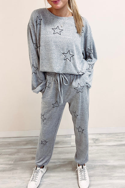 Gray Stars Print Long Sleeve Top and Drawstring Pants Set