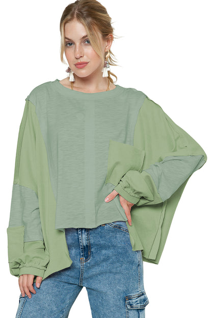 Green Splicing Long Sleeve Pocketed Oversized Top